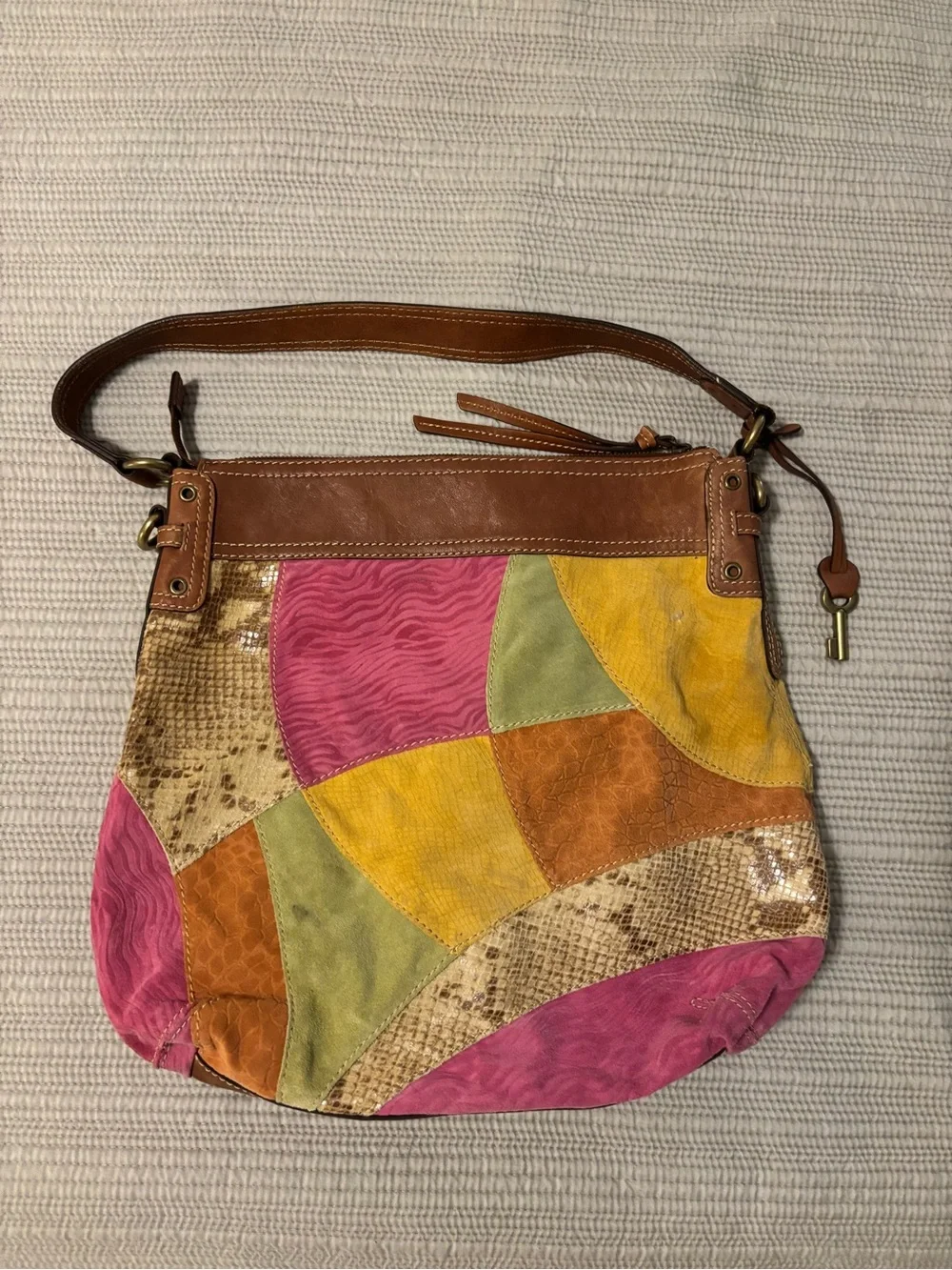 Vintage Fossil Patchwork Leather & Suede Hobo Shoulder Bag